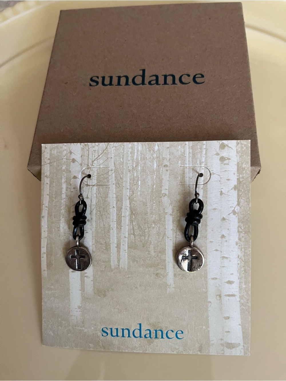 Sundance Catalog Sterling Silver and Leather, Cross Disk Earrings